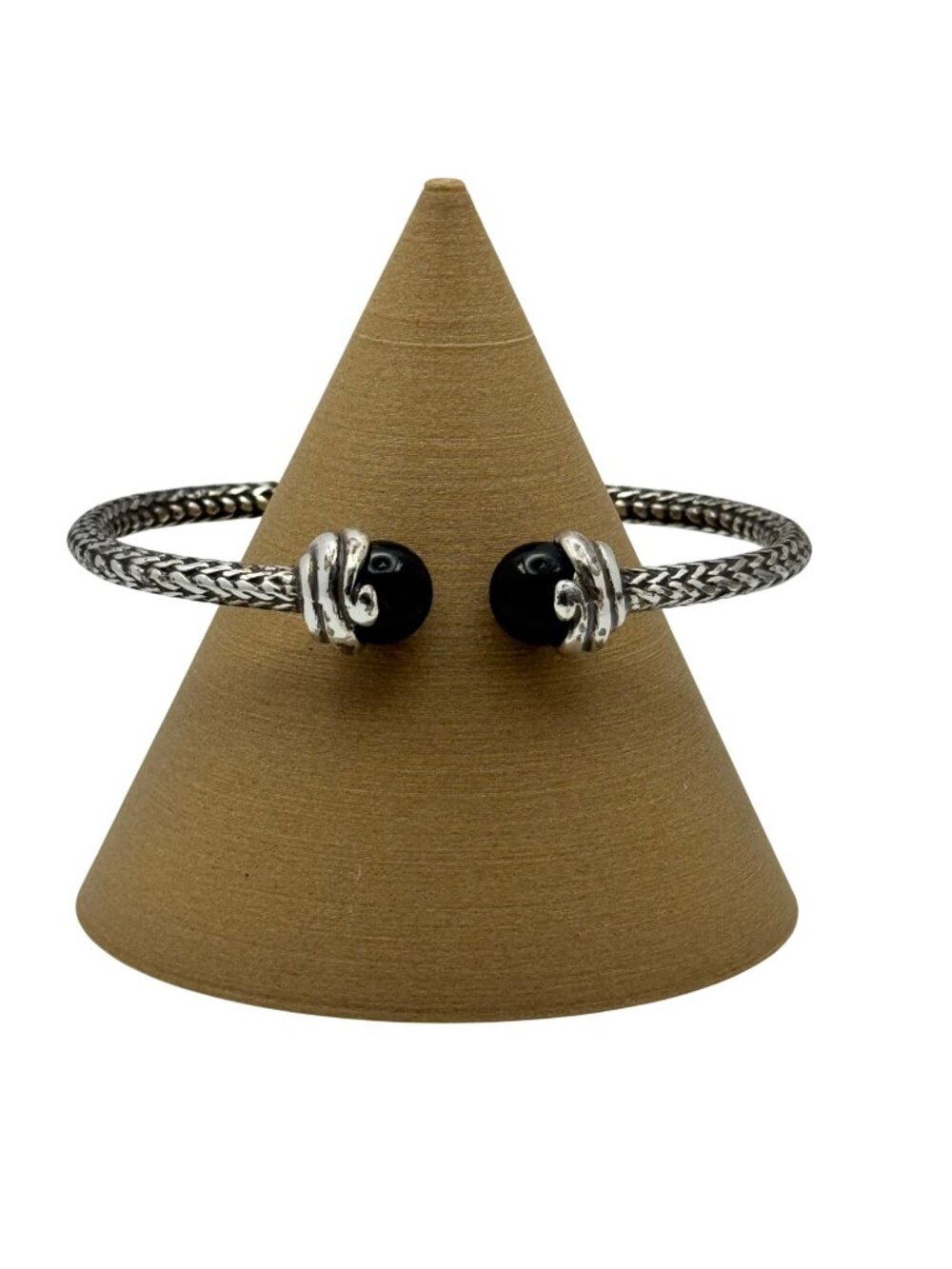 Sterling Silver Onyx Braided Cuff Bracelet Black 6.5" Size Classic Design Hinged